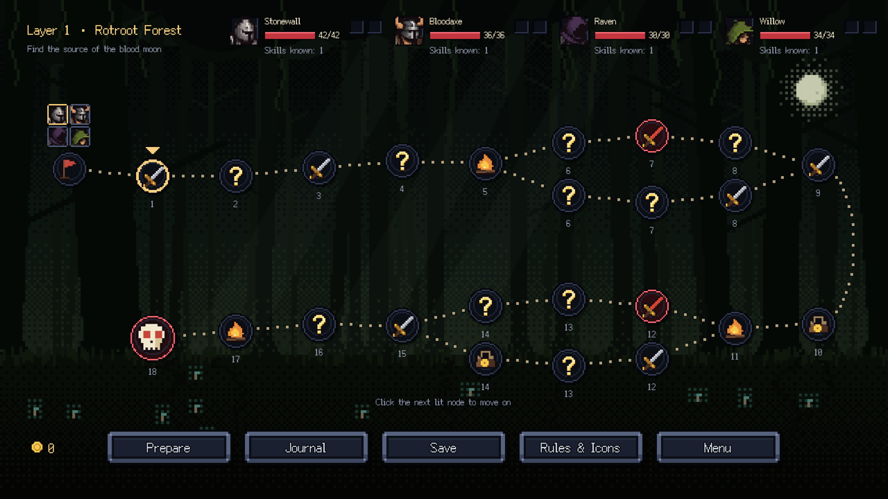 The map of Rotroot Forest: a winding path of battles, events, campfires and shops leading to a boss.